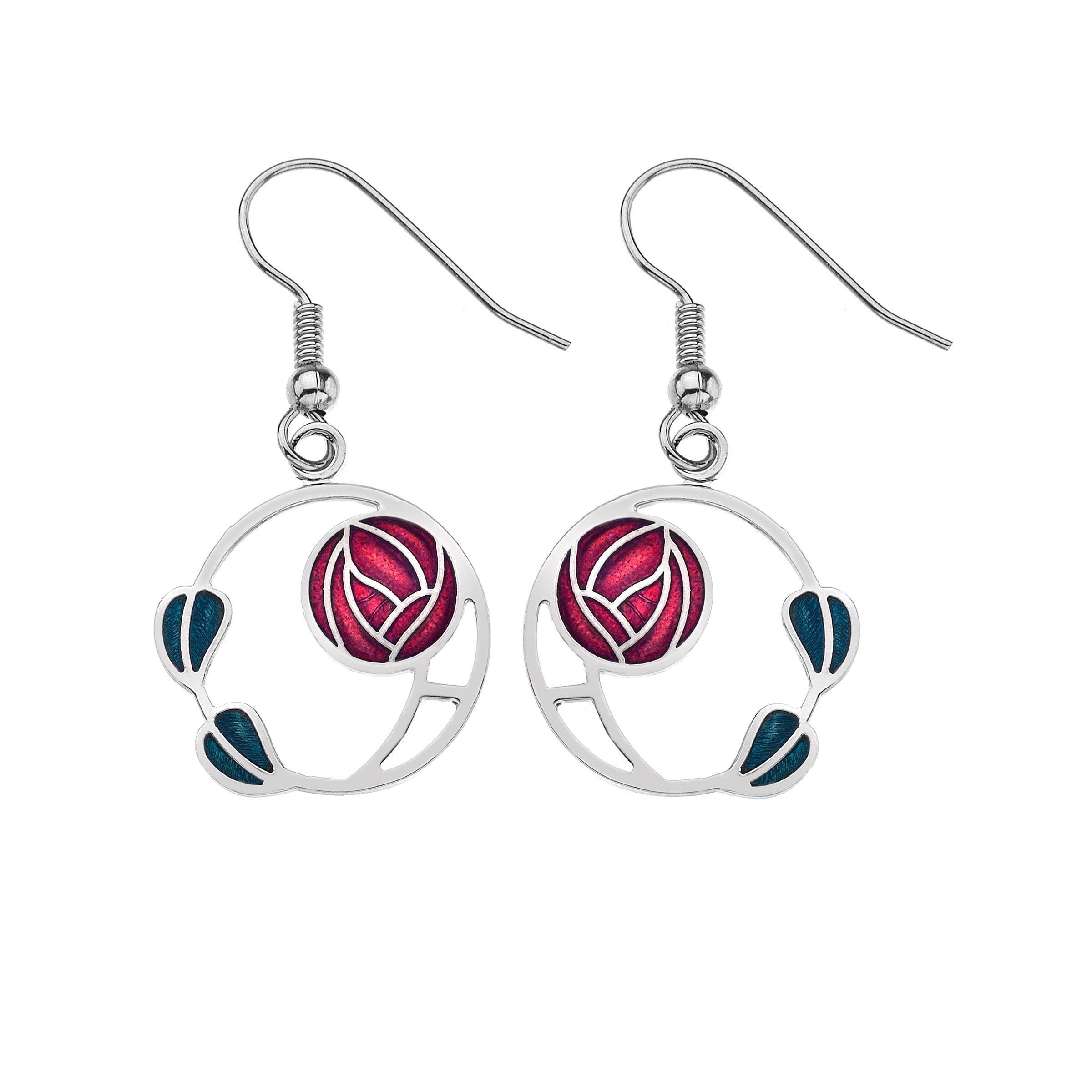 Red Mackintosh Rose and Leaves Earrings